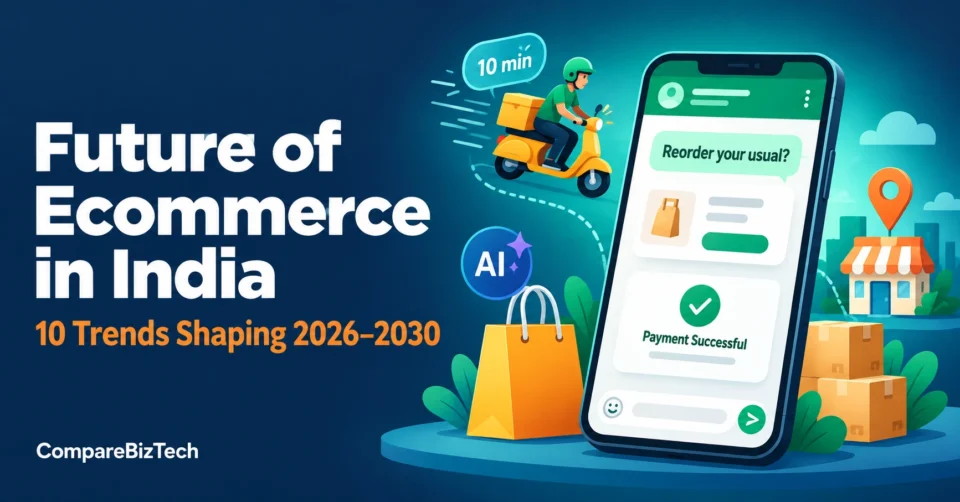Illustration of Indian ecommerce trends: AI assistant, quick delivery, WhatsApp chat and UPI payment