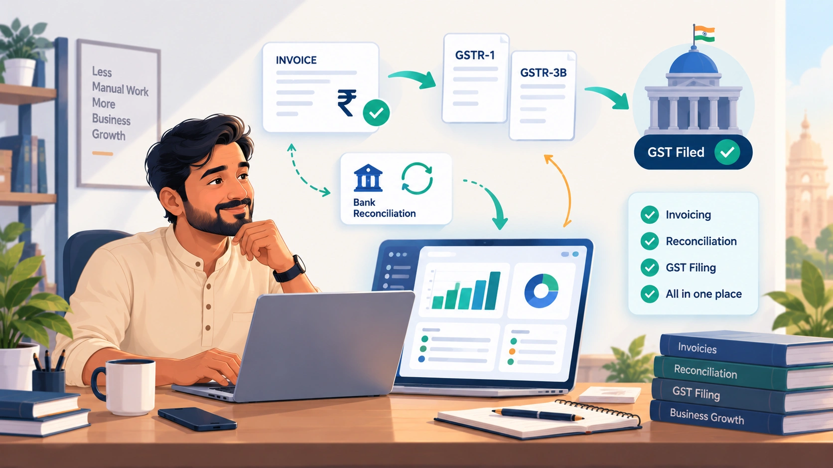 Small business owner filing GSTR-1 and GSTR-3B returns easily with AI accounting software, illustrating Zoho Books