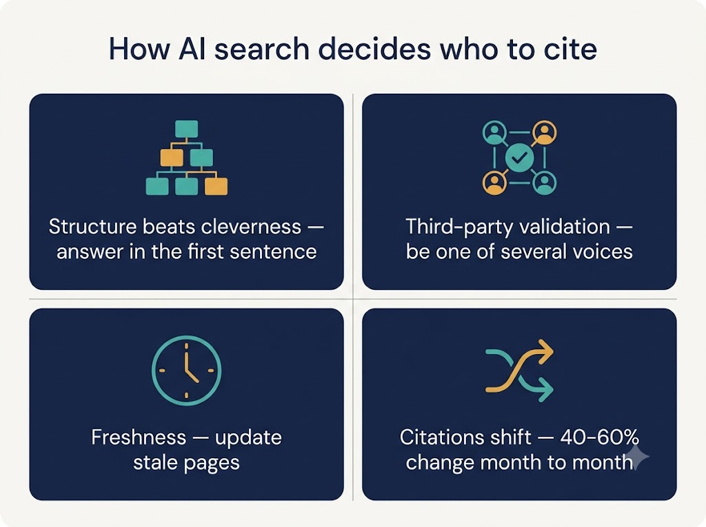 Infographic of four factors AI search engines use to decide which sources to cite
