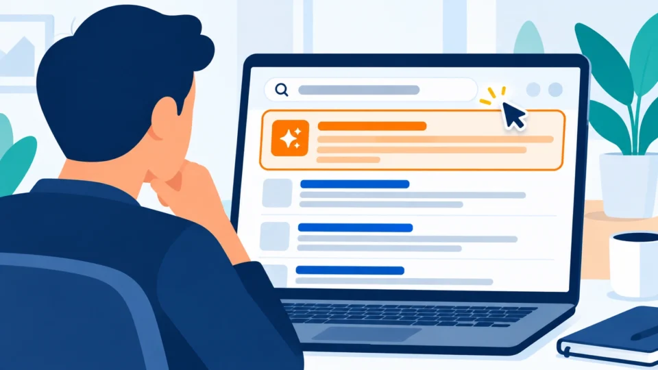 Person looking at a search results page on a laptop with no website links clicked, representing zero-click search in 2026