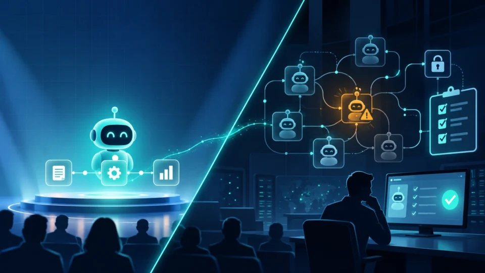 AI agent frameworks for enterprise: a polished demo on one side and a production system under review on the other