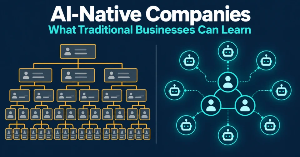 Illustration contrasting a large layered traditional org chart with a small AI-native team surrounded by AI agent nodes
