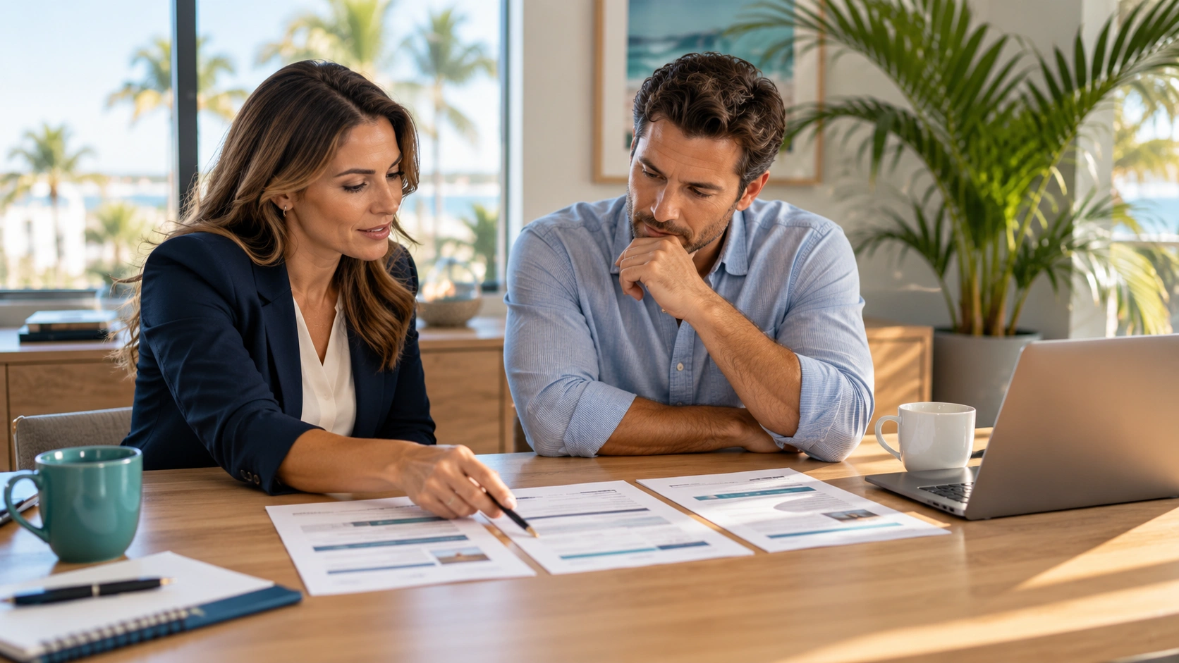 Independent insurance agent comparing carrier quotes with a small business owner at a conference table