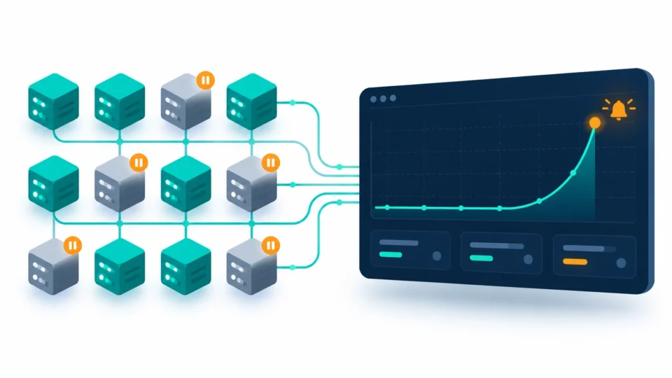 Cloud infrastructure with idle servers and a rising cost spike on a spend monitoring dashboard