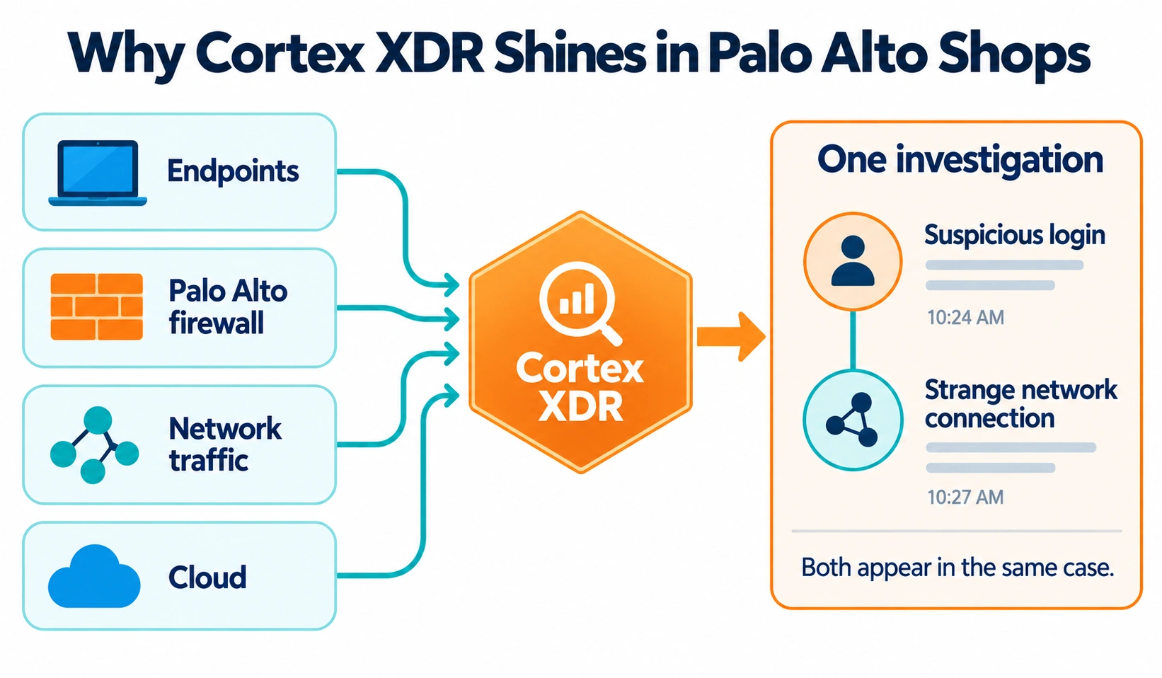 Diagram showing Cortex XDR combining endpoint, firewall, network and cloud data into a single investigation