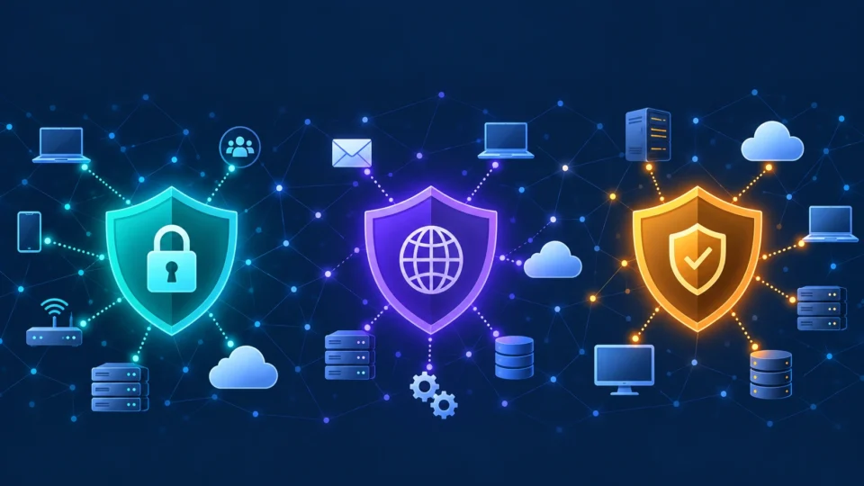 CrowdStrike vs SentinelOne vs Cortex XDR: three security shields compared over a connected network map