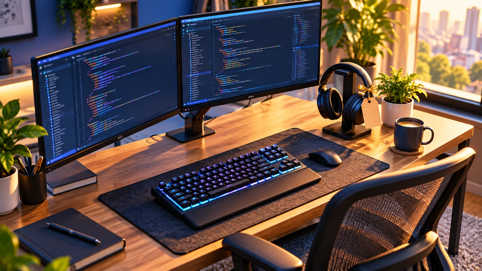 Developer workstation with mechanical keyboard, dual monitors and noise-cancelling headphones as National Techies Day perks