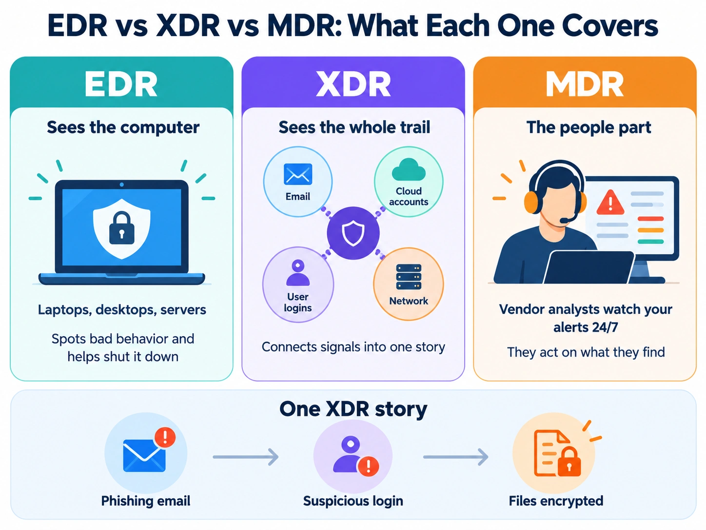 Infographic comparing EDR, XDR and MDR: EDR sees the computer, XDR sees the whole attack trail, MDR adds human analysts