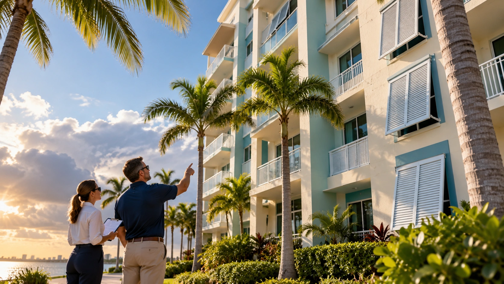 Pastel South Florida condominium building with storm shutters and a property inspector assessing the exterior