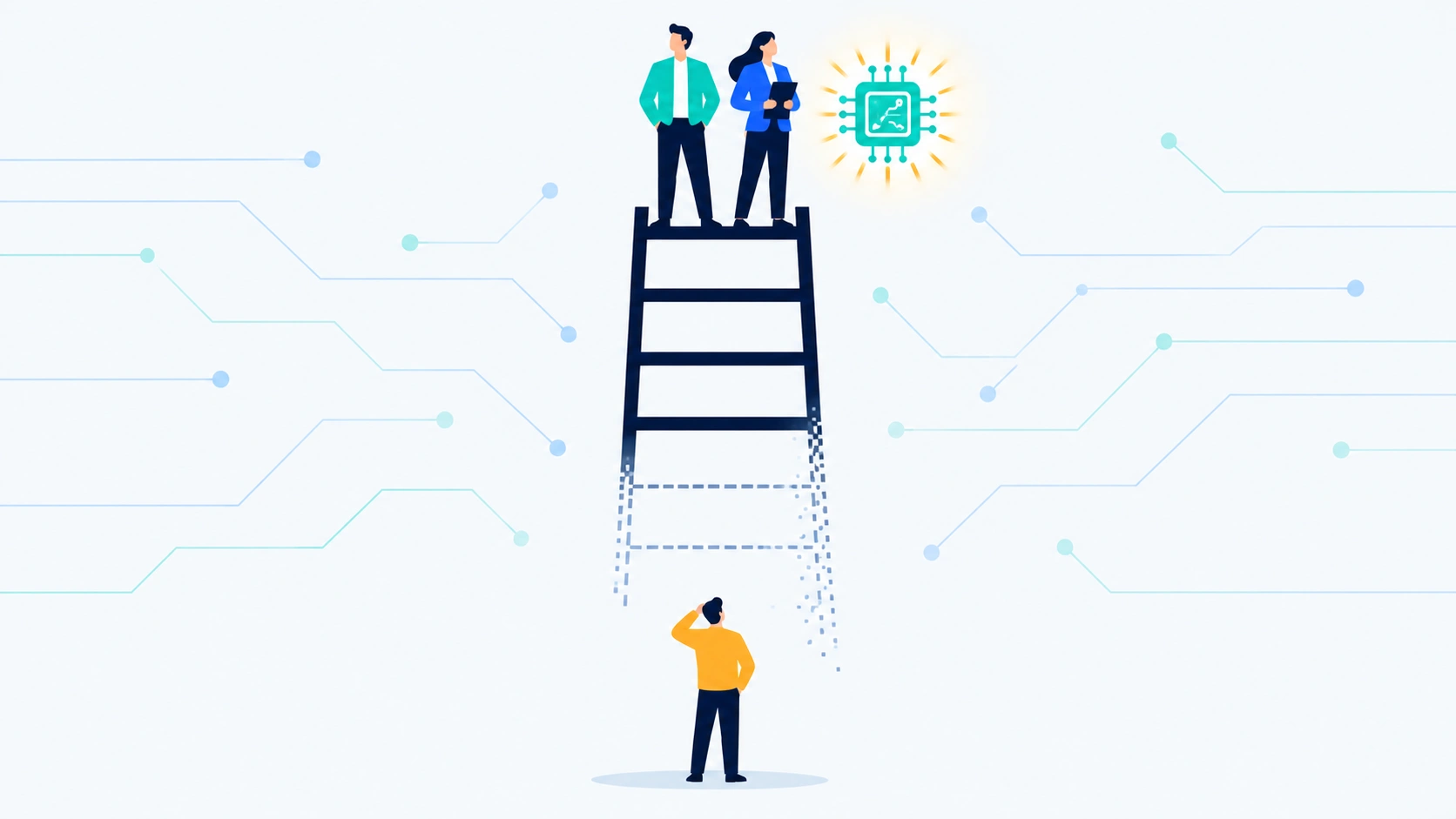 Illustration of a career ladder with its lower rungs fading away beneath a team of senior professionals and an AI icon
