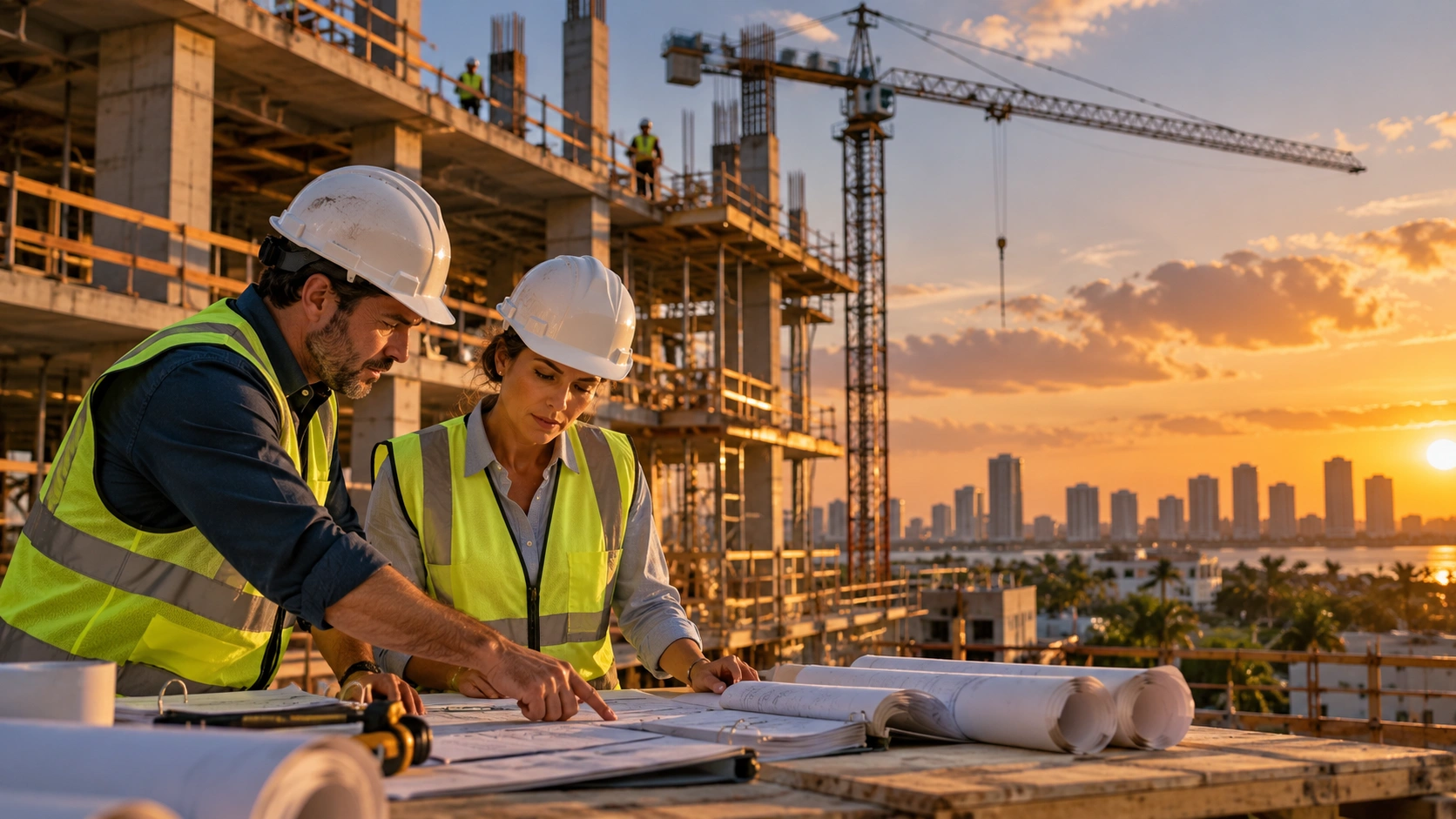 Contractors reviewing blueprints at a mid-rise construction site in South Florida