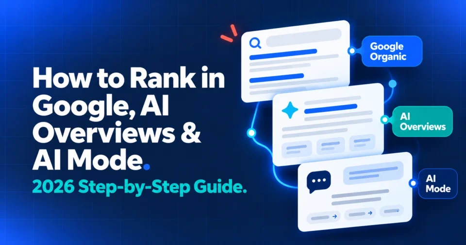 Title graphic for “How to Rank in Google, AI Overviews and AI Mode in 2026” showing three connected search surfaces.