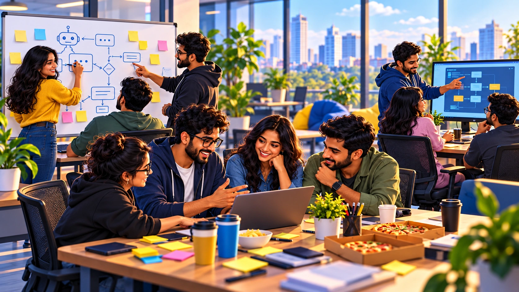 Indian developers collaborating at an internal hackathon day, building automation tools on laptops