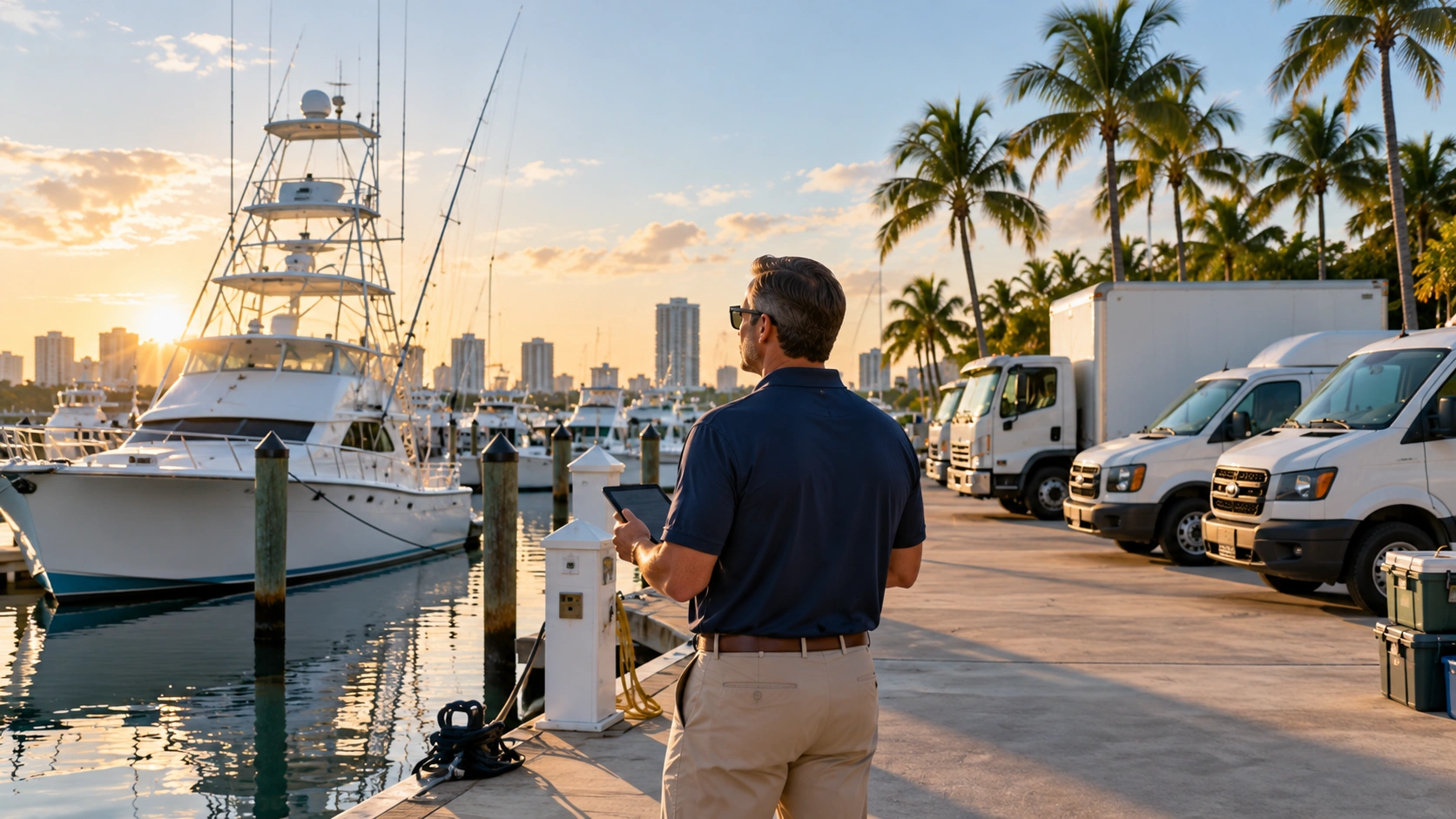 Business owner inspecting a charter boat and white work trucks parked at a Broward County marina