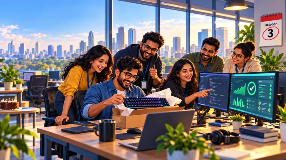 National Techies Day 2026 celebration in an Indian tech office with engineers gathered around new workstations