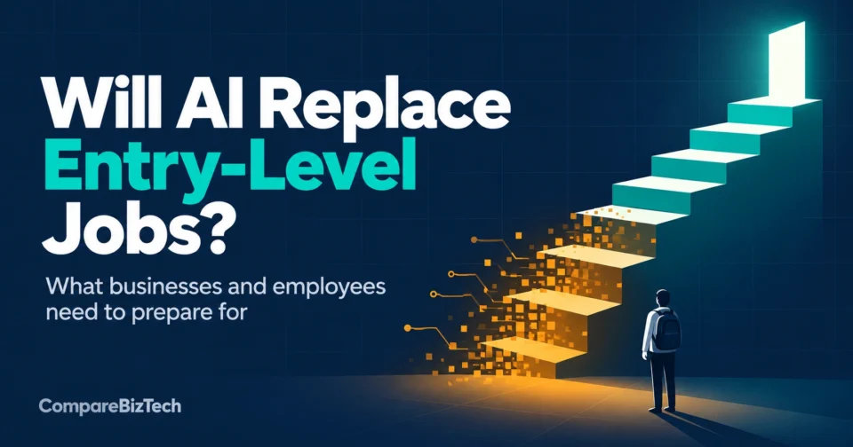 Staircase of career steps where the lowest steps dissolve into digital pixels, with the headline “Will AI Replace Entry-Level Jobs?”