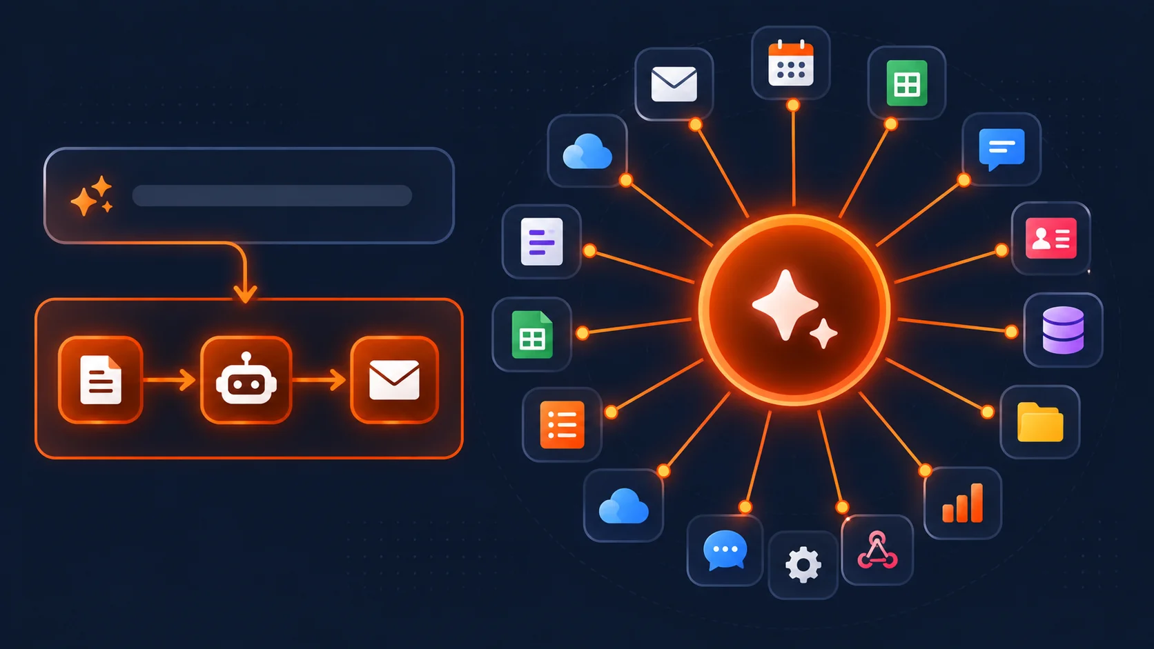 Zapier-style hub connecting many apps to a simple AI chat assistant through a straight workflow