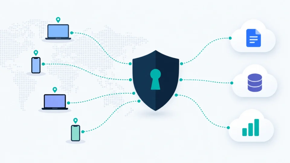 ZTNA buyer’s guide illustration showing a secure shield connecting remote workers to cloud apps
